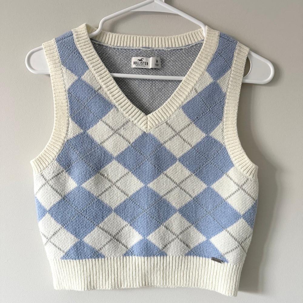 Hollister Blue White Argyle V-Neck Sweater Vest Preppy‎ Crop Knit Top Womens M